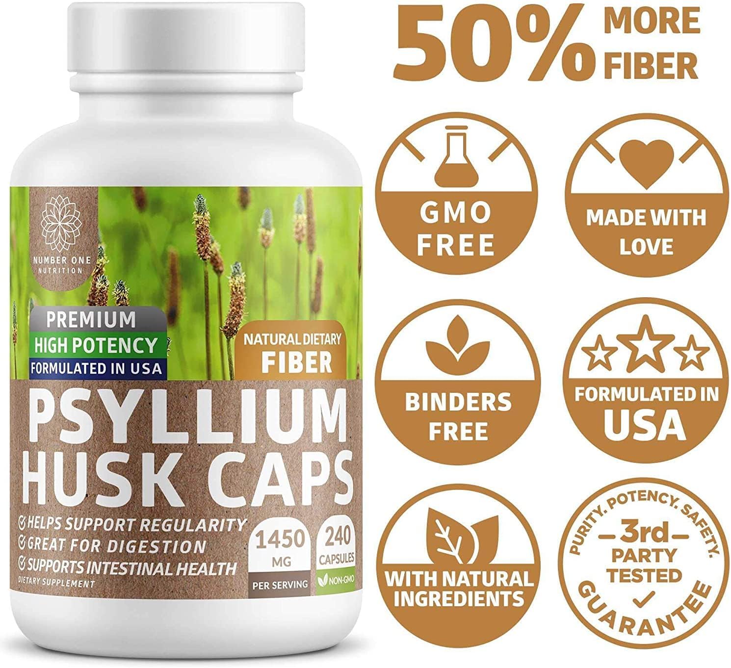 Psyllium Husk Capsules 1450mg, Soluble Fiber Support, Non-GMO, 240 Caps