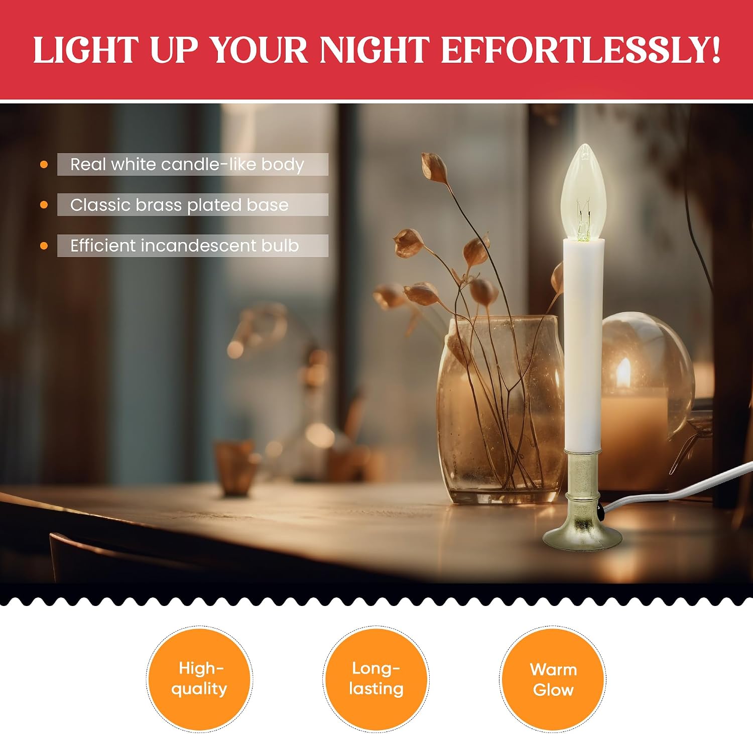Creative Hobbies Electric Window Candle Lamp with Brass Plated Base, Dusk to Dawn Sensor Turns Candle on in Dark and Off in Light, Ready to Use!