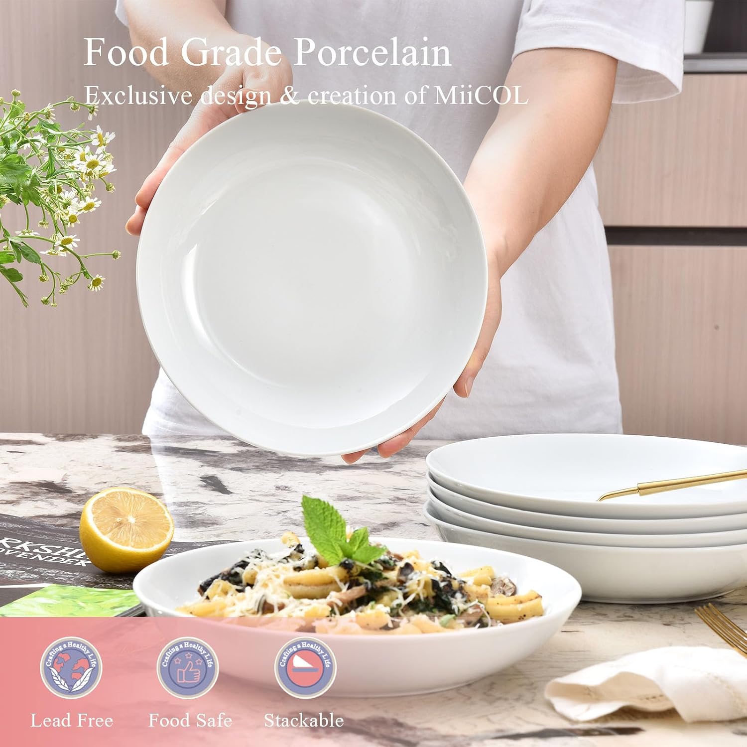 Miicol White Pasta Bowls 28 oz, Ceramic Salad Bowls Set of 6, Wide and Shallow Serving Bowl 8.25 inch, Large Pasta Plates, Serving Dish for Soup
