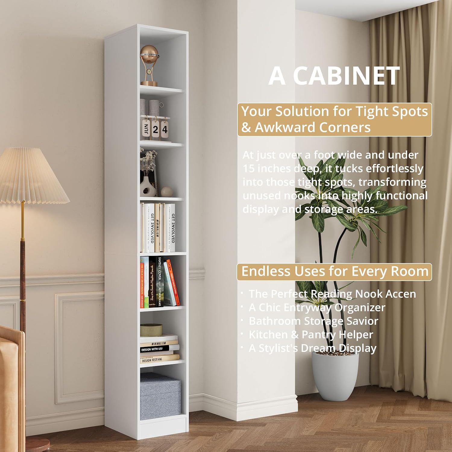 TUSY 85.5 Inch Tall Bookshelf with Doors - 7 Tier Bookcase with Glass Doors and Drawer, 23.6" Wide Storage Cabinet with Open Shelves for Living Room, White Book Shelf for Home Office, Study (AAAA)