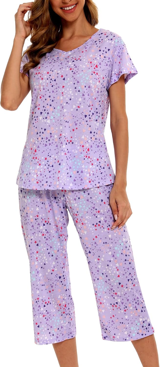 ENJOYNIGHT Womens Pajama Set Cotton Summer Pj Top with Capri Pant Sleepwear
