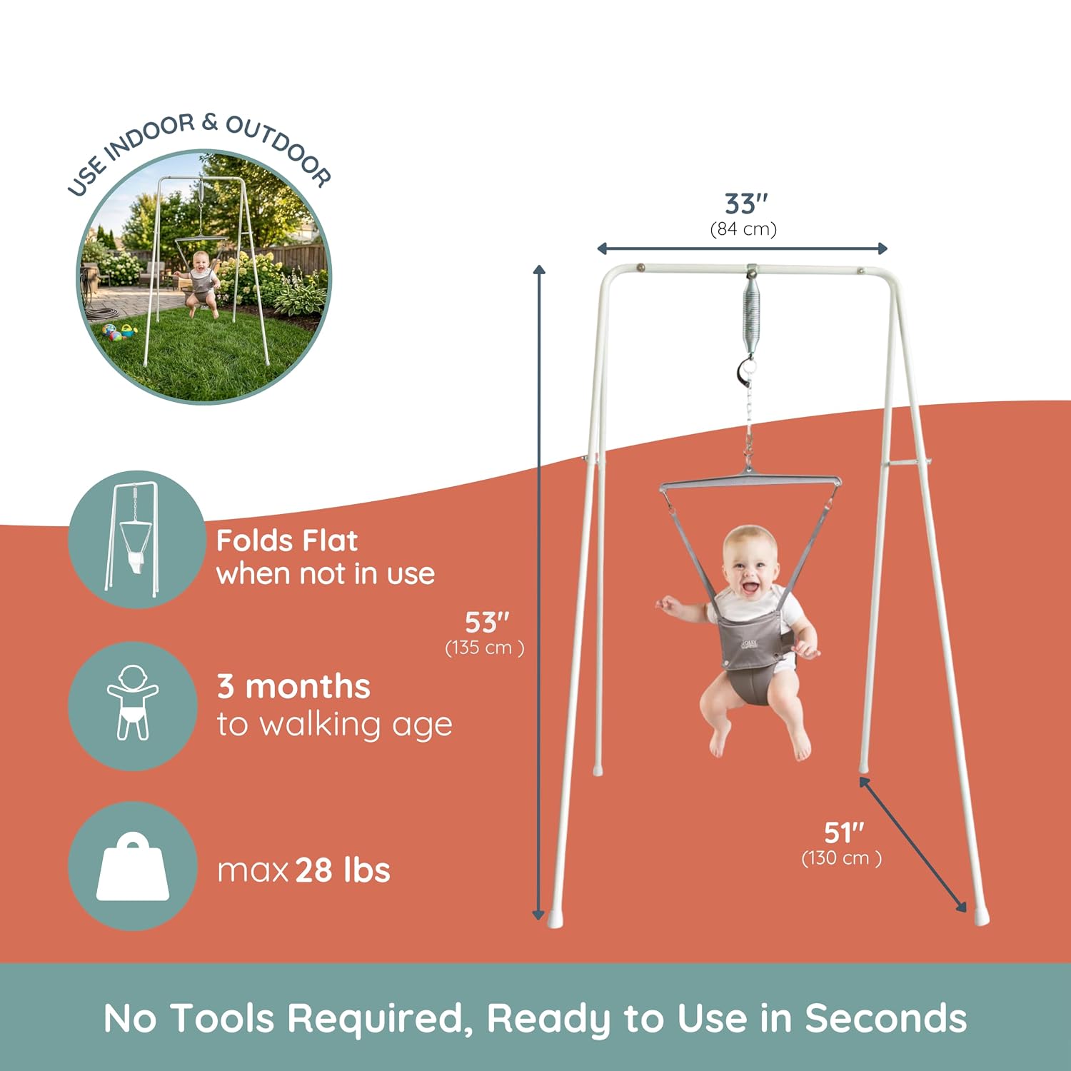 Jolly Jumper Classic (Grey) with Stand - Original Baby Jumper, Indoor and Outdoor Exercise Saddle Seat, Adjustable Height, for Infants up to 28lbs