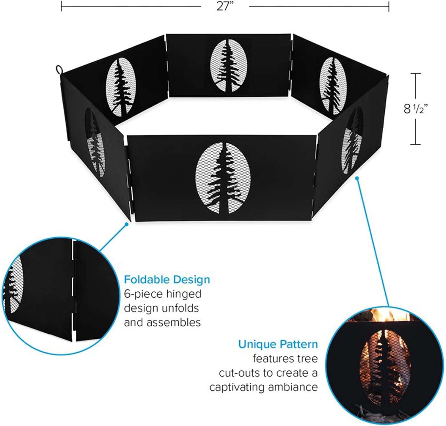 Camco Portable 27 x 8.5" Outdoor 6 Piece Collapsible Steel Campfire Ring with Storage Bag for Safe Natural Wood Burning Fires