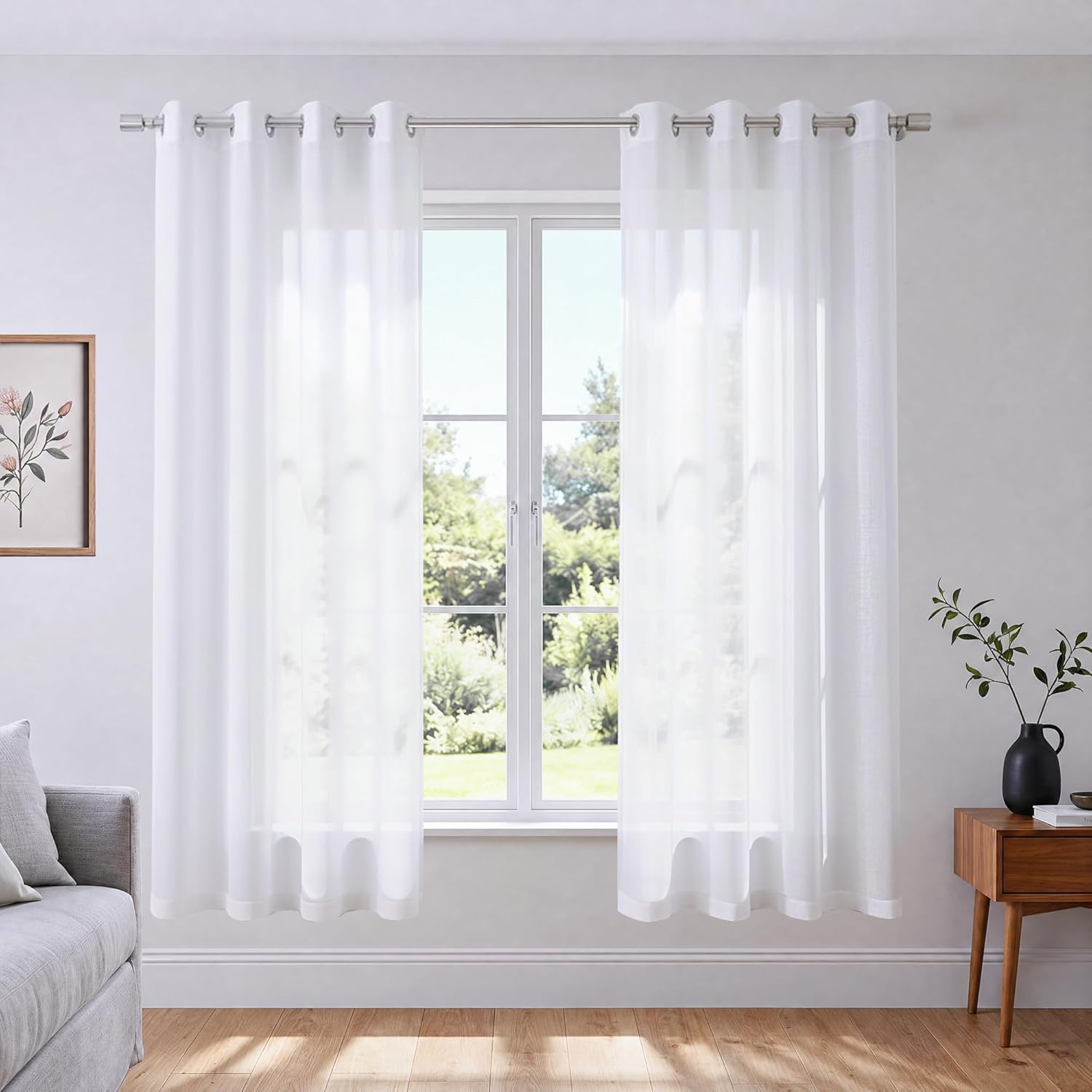 KOUFALL White Sheer Curtains 72 Inches Long for Bedroom Set of 2 Panels Grommet Faux Linen Window Voile Semi Baisc Decorative Sheer Curtains for
