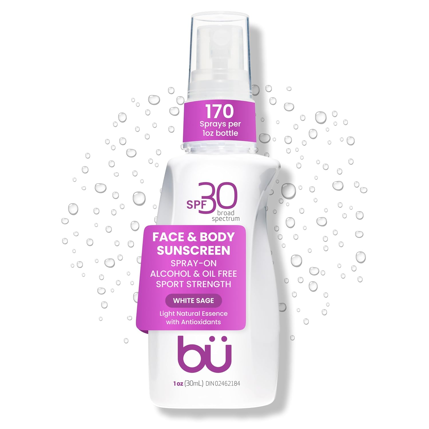 BU SPF 30 Sunscreen Spray for Face and Body, Non Aerosol Spray, Ultrafine WOWmist, TSA Travel Size Sunscreen, Clear, Non Greasy, Water Resistant, White Sage 3.3 oz