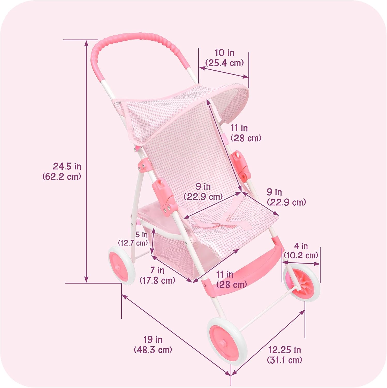 Badger Basket Folding Doll Umbrella Stroller with Basket - Pink/White | Fits up to 18" dolls