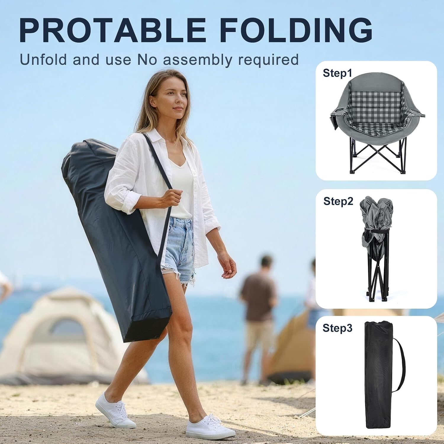 Oversized Camping Chairs for Adult - Heavy Duty Padded Portable Folding Chair XL Collapsible Camp Chair with Cup Holder Side Pocket for Outdoor Lawn Beach Sport Fishing Support 500LBS, Grey