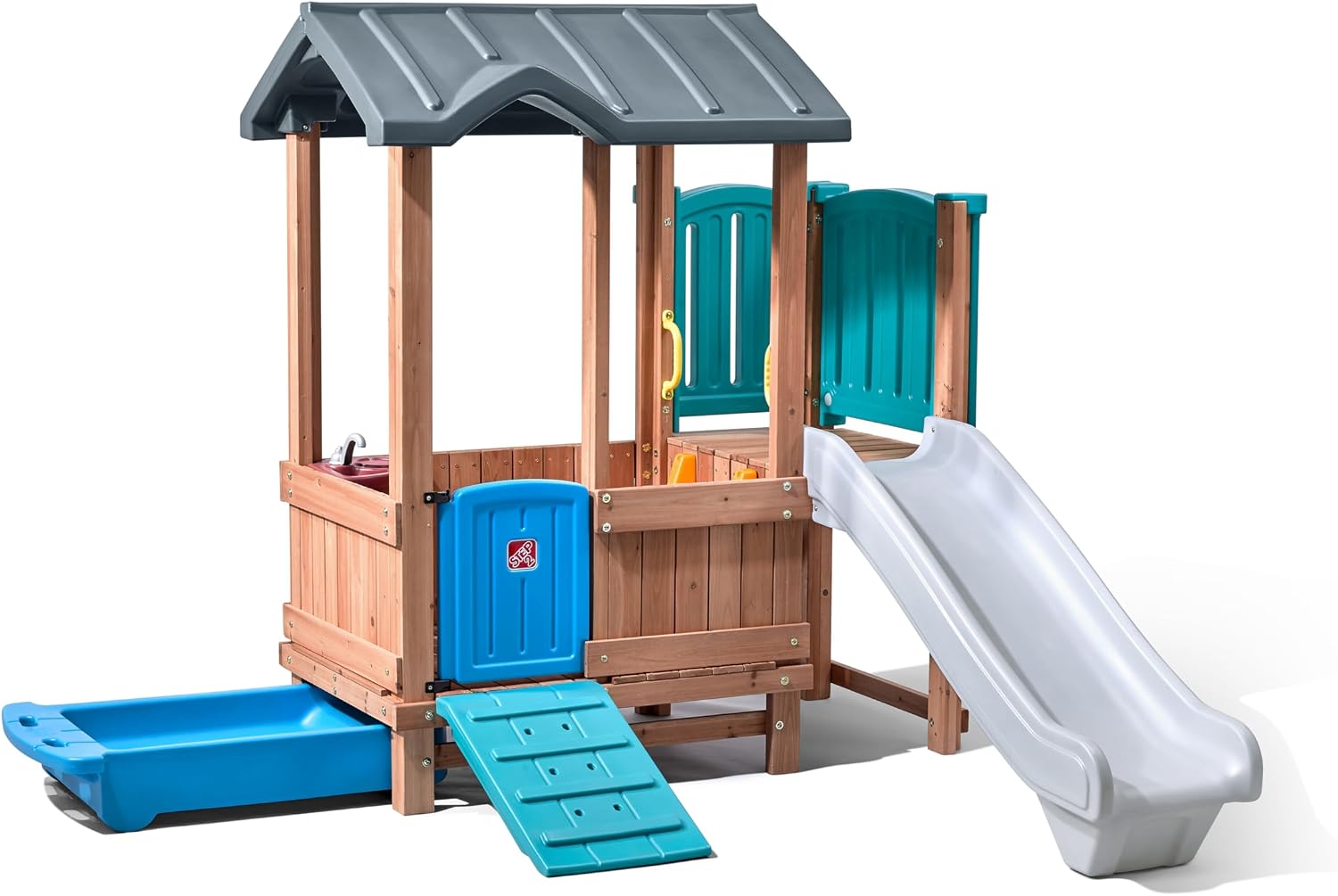 Step2 Woodland Adventure Playhouse & Slide, Kids Outdoor Playset, Backyard Playground Set, Swings, Storage Drawer, Made of Wood & Durable Plastic