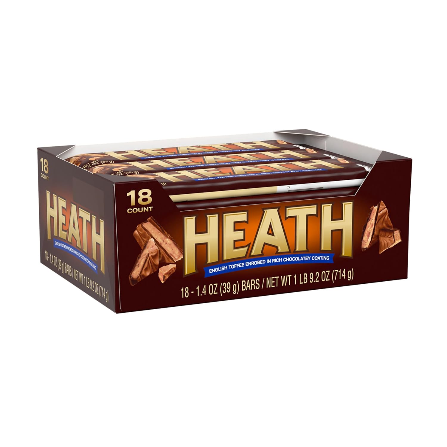 HEATH Chocolatey English Toffee Candy Bars, 1.4 oz, 18 ct | Crunchy English Toffee Bars Covered in Chocolatey Coating, Kosher and Individually Wrapped for Parties and Sharing, 18 ct