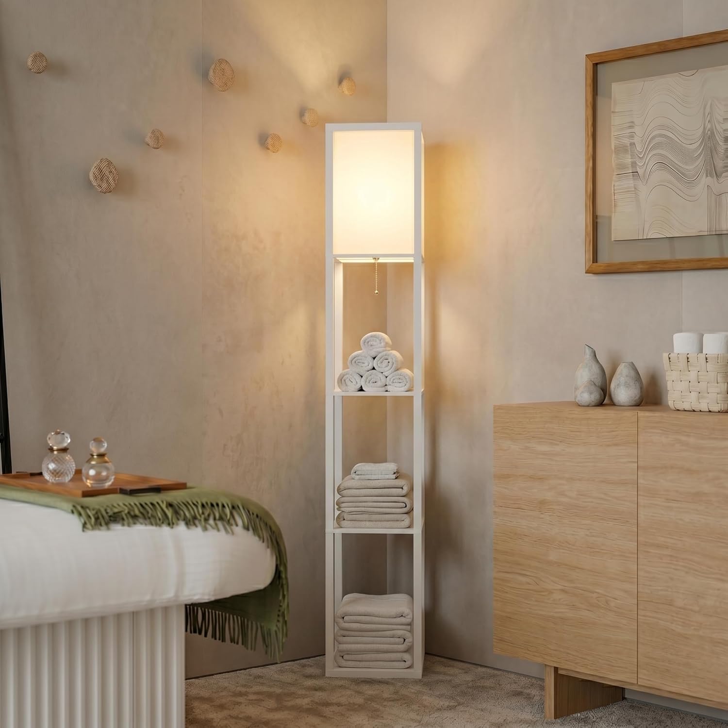 Brightech Maxwell - Modern Shelf Floor Lamp with Lamp Shade & Warm White LED Bulb, Corner Display Floor Lamp with Shelves for Living Room, Bedroom, Nightstand Office, Home Decor Storage - Natural Wood