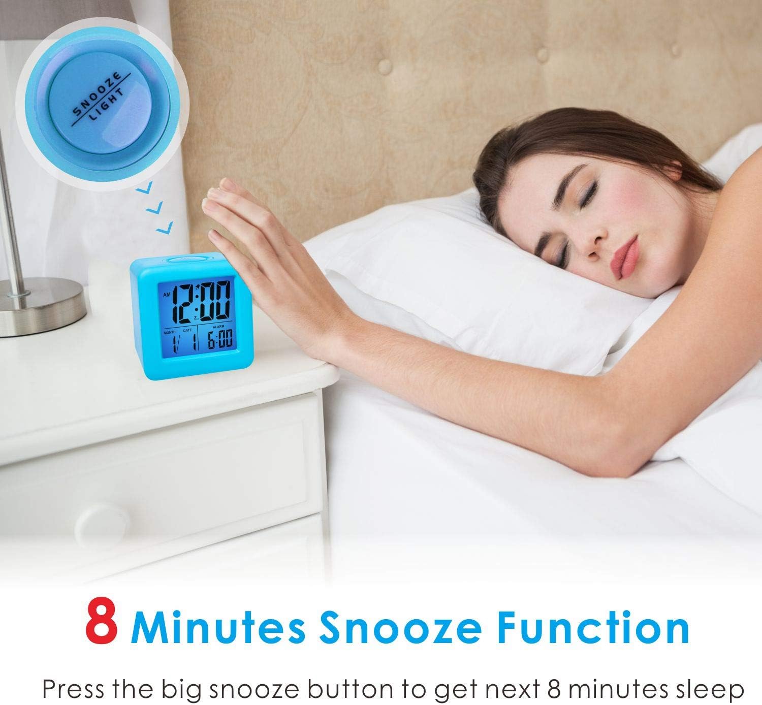 Plumeet Digital Alarm Clock Kids Clock with Snooze and White Nightlight - Easy Setting Travel Alarm Clocks Display Time, Date