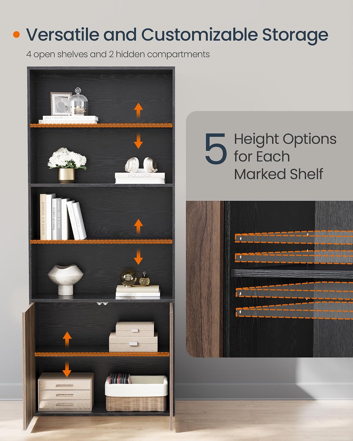 SONGMICS HOME Book Shelf, Snapsemble Superfast Assembly, 6-Tier Floor Standing Bookcase with Doors and Adjustable Shelves, 70.4 Inches Tall for Bedroom Study Living Room, Snow White