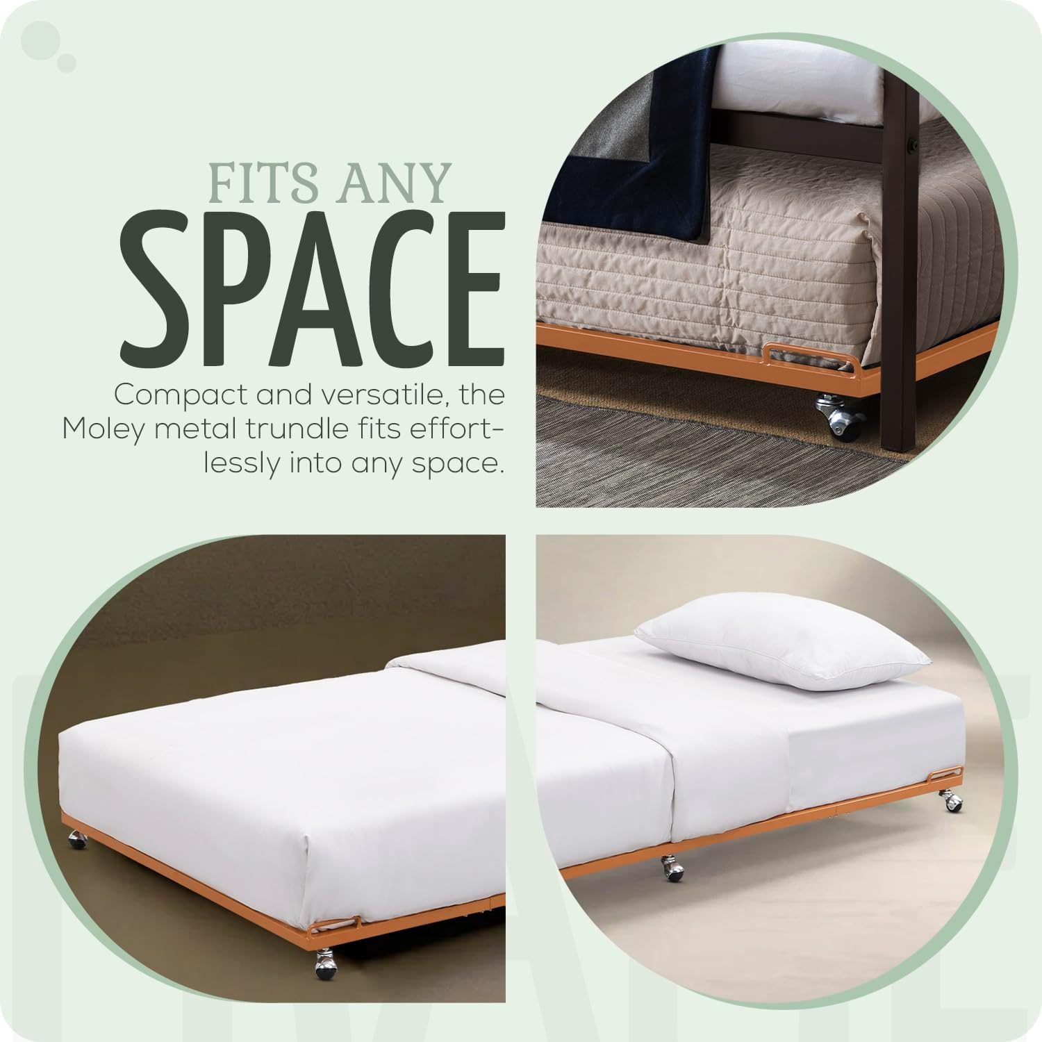2K Furniture Designs - Twin Size Black Metal Roll Out Trundle Bed Frame for Daybed | Space-Saving Guest Bed - Slides Under Daybeds for Overnight Visitors, Dorms, and Small Spaces