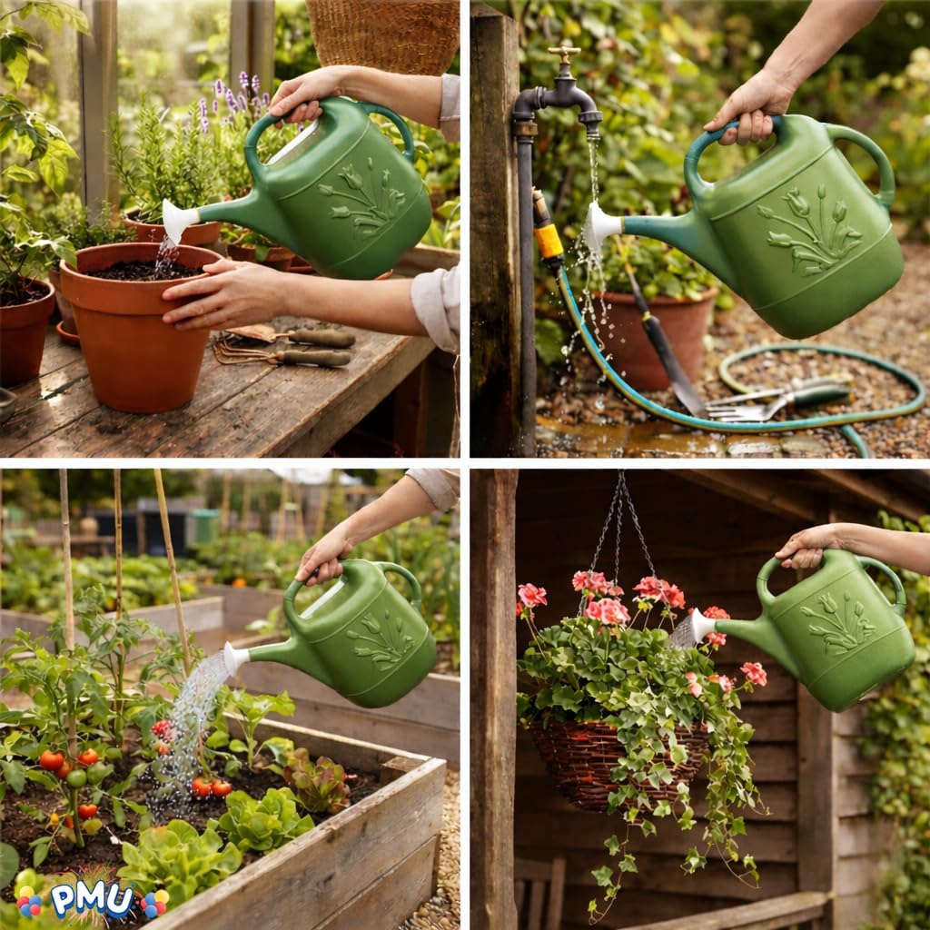 PMU 2 Gallon Watering Can - Garden Watering Can for Indoor & Outdoor Plants - Plastic Water Can with Detachable Sprinkler Head - Large Water Pot, Made in USA - Hunter Green Pkg/1
