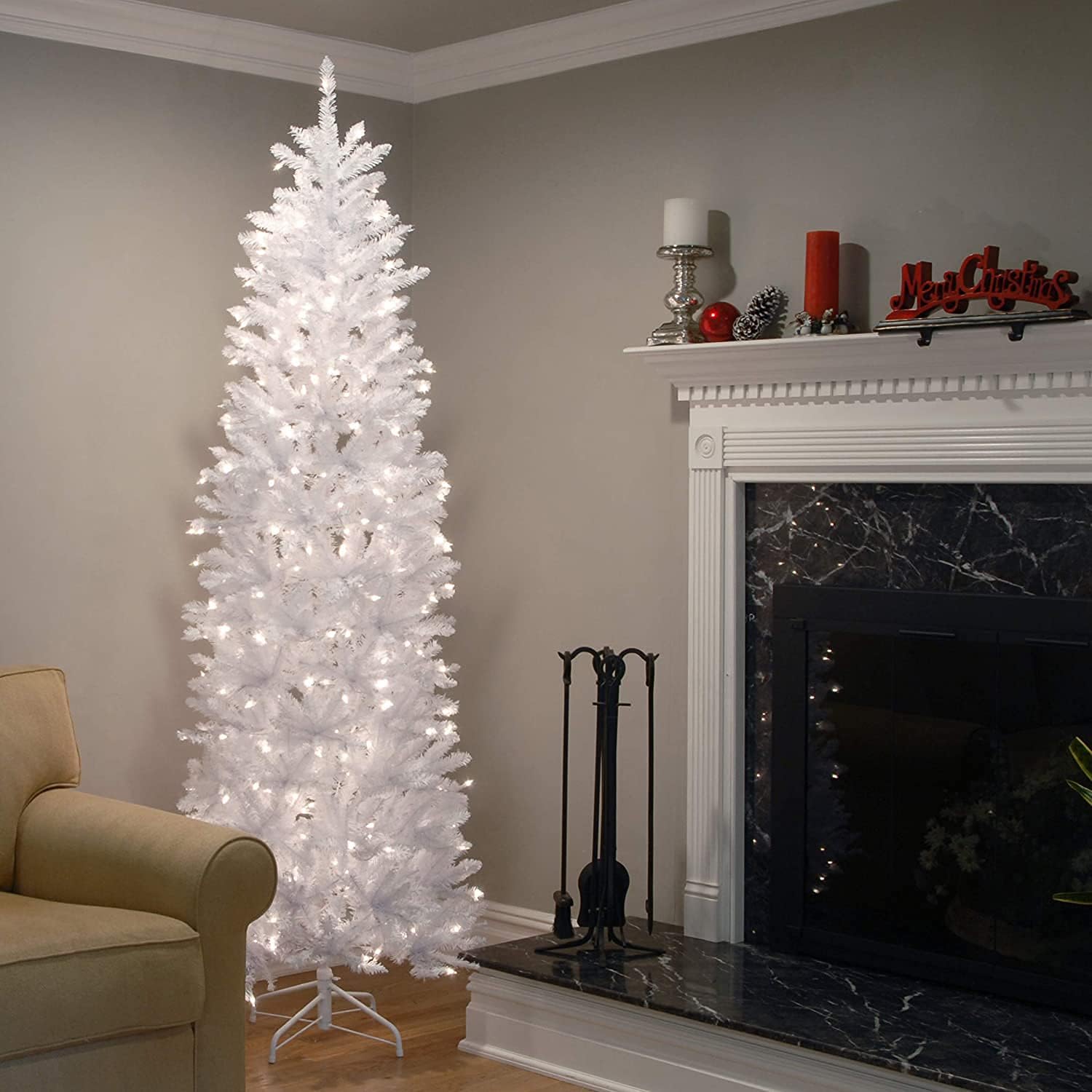 National Tree Company 7.5ft Pre-Lit Kingswood Fir Slim Christmas Tree | 350 Clear Lights, 1,075 Tips, Includes Stand, Artificial, White