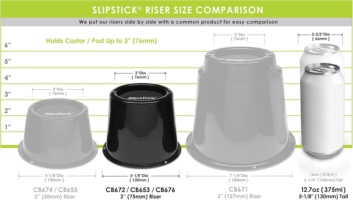 Slipstick CB672 Premium 3 Inch Bed Risers/Furniture Raisers with Steel Reinforced Caster Wheel Holder Top, Lifts Height 3" (4 Pack) Supports 2