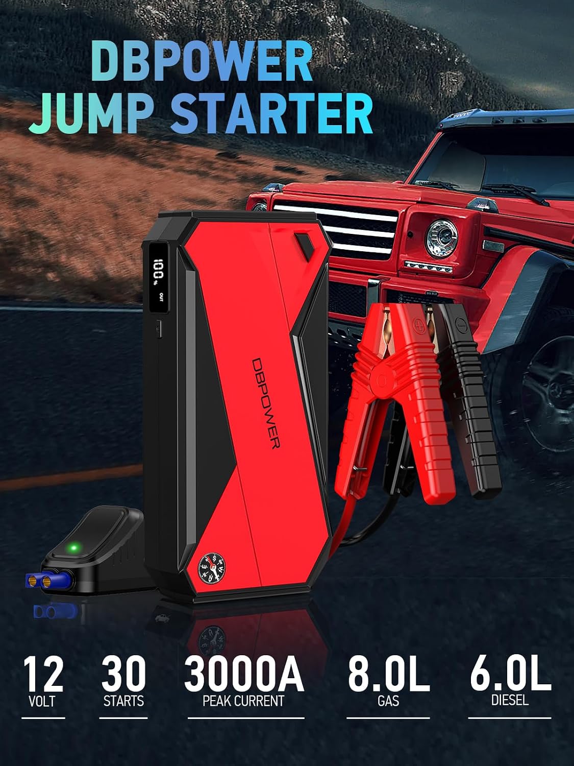 DBPOWER Peak 3000A 18000mAh Portable Car Jump Starter (up to 8.0L Gas, 6.0L Diesel Engine) Battery Booster with Smart Charging Port, Compass