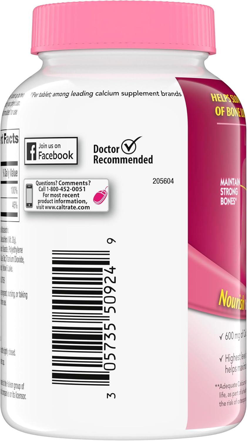 Caltrate 600 Plus D3 Vitamin D and Calcium Supplement Tablets, 120 Count | Highest Level of Vitamin D3