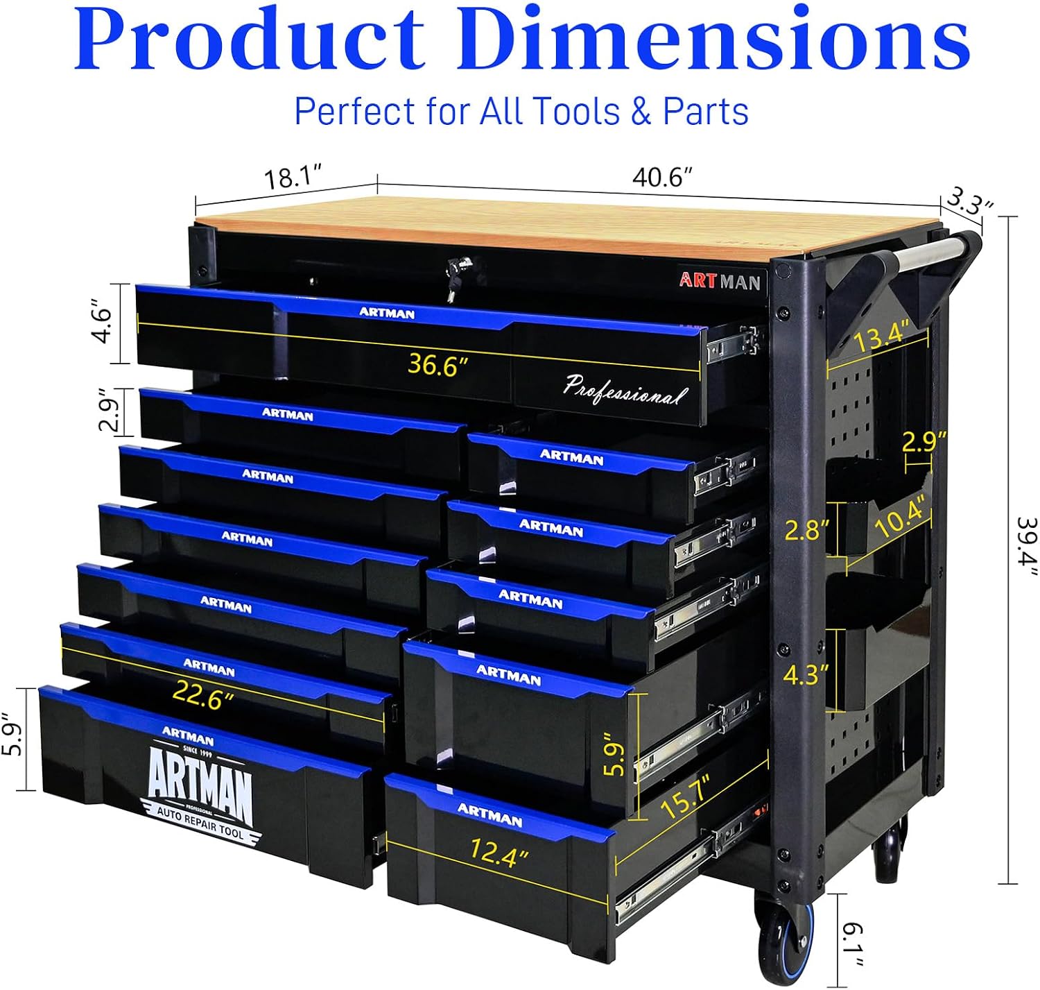 12-Drawer Rolling Tool Chest with Wood Top, Heavy Duty Cabinet | Heavy-duty metal tool chest with 12 drawers