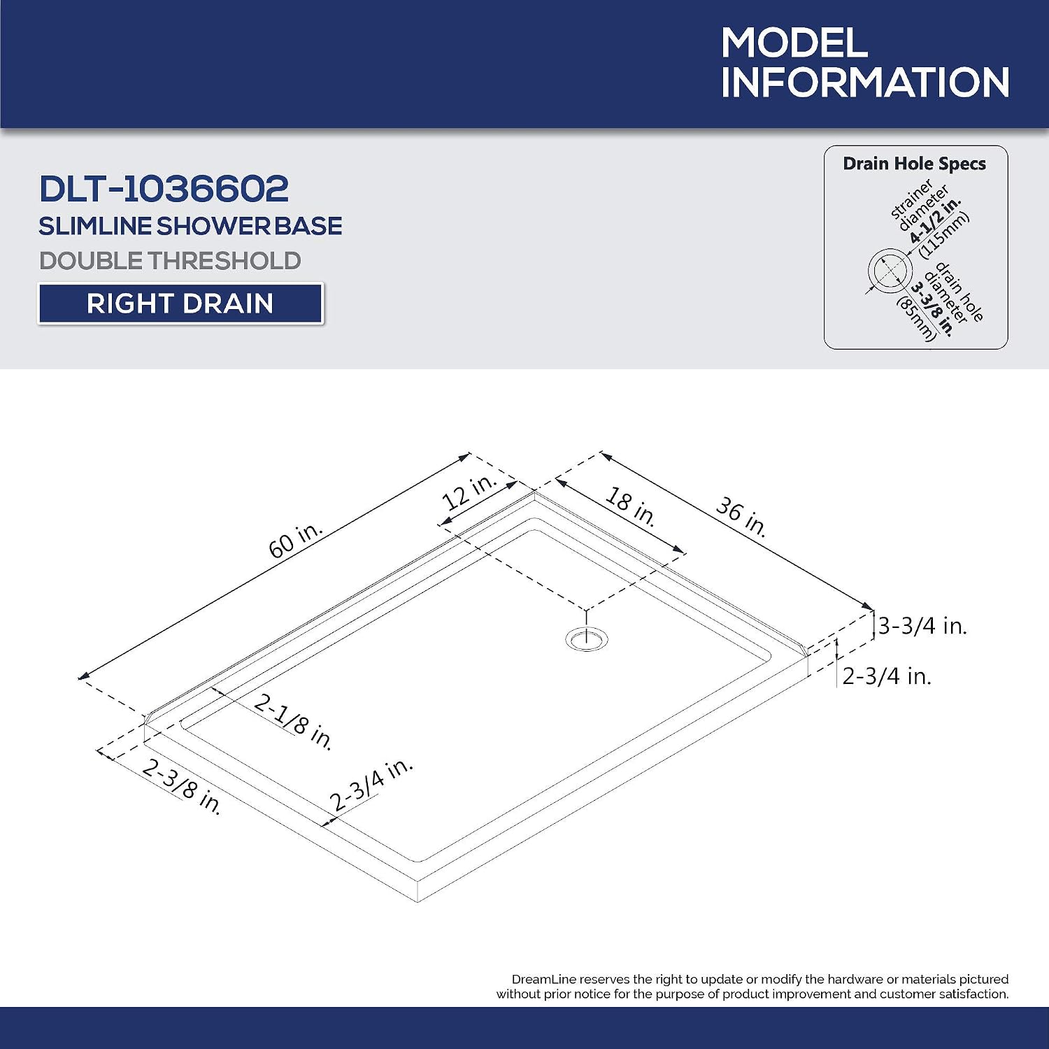 DreamLine SlimLine 34 in. D x 48 in. W x 2 3/4 in. H Right Drain Double Threshold Shower Base in White, DLT-1034482