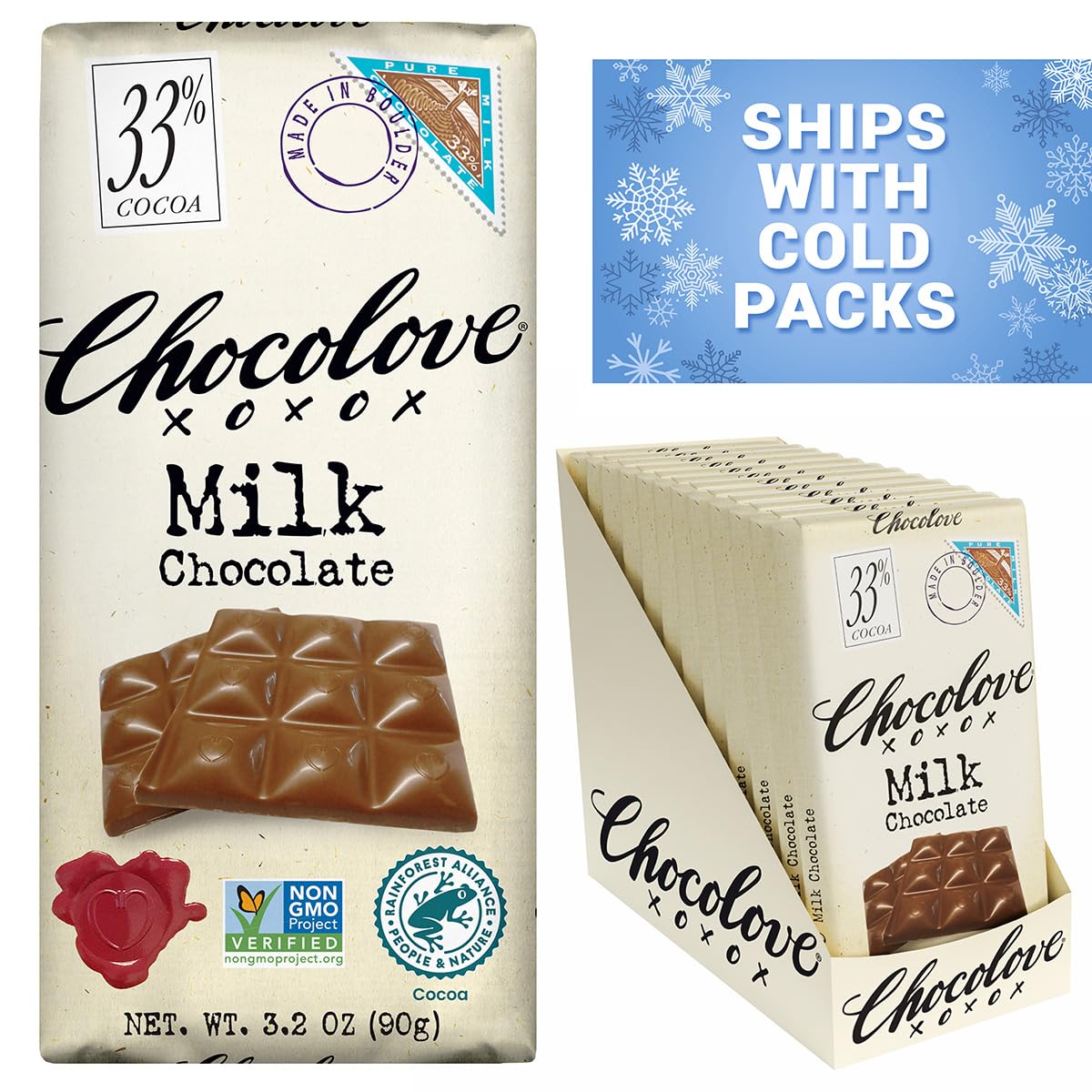 Chocolove Creamy Milk Chocolate Bars | 33% Cocoa | Crafted with Silky Premium Chocolate | Non-GMO, & Gluten-Free, 3.2 oz Bar (12 Pack)
