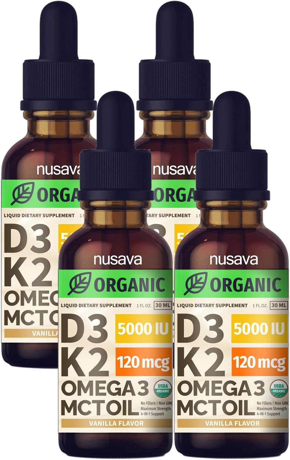 Nusava Organic Vitamin D3 K2 Drops with MCT Oil, Unflavored, Pack of 2