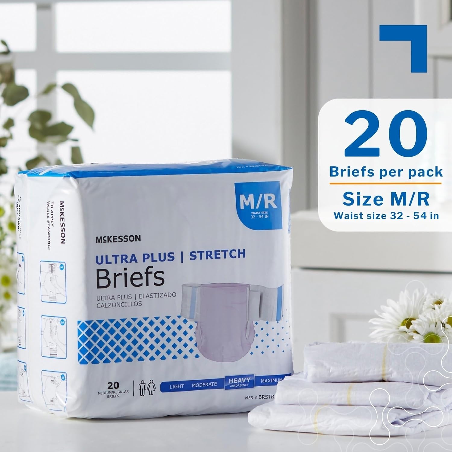 McKesson Ultra Plus Stretch Briefs, L/XL, Heavy Absorbency, 66 in, 80 ct | Unisex, Disposable, Elastic Leg Gathers and Contoured Fit for Men and Women, Incontinence