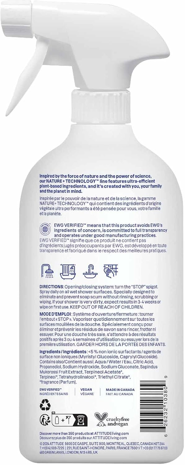 ATTITUDE Shower & Tile Cleaner Spray, EWG Verified, Bathroom Cleaner Removes Soap Scum & Grime, Plant-Based & Vegan, Citrus Zest Scent, 27.1 Fl Oz