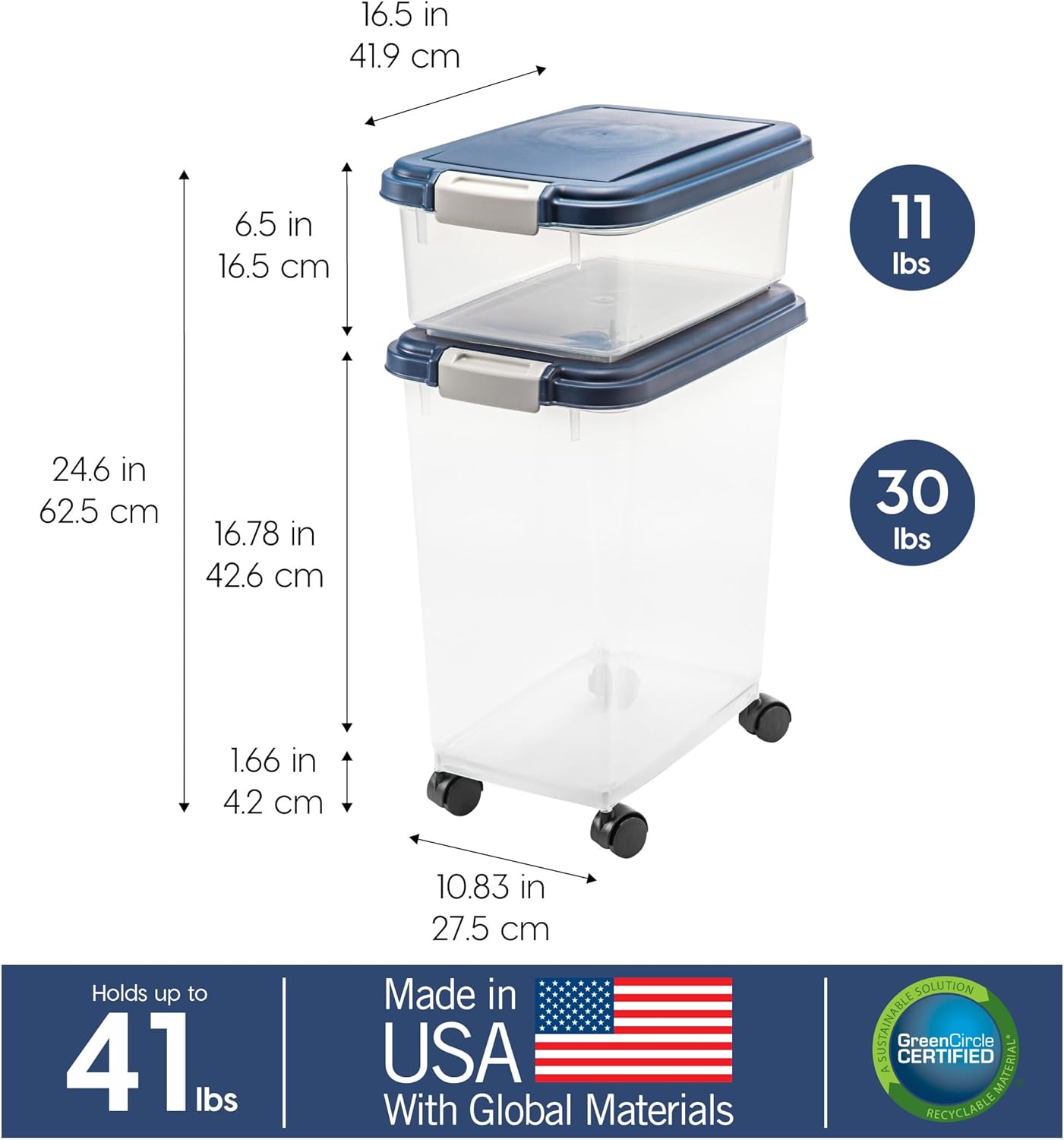 IRIS USA Dog Food Storage Container, Up to 30+11 lbs, Navy, Made in USA | Wheels for Mobility, Airtight Seal, BPA-Free, Best for Bird Seed, Cat food