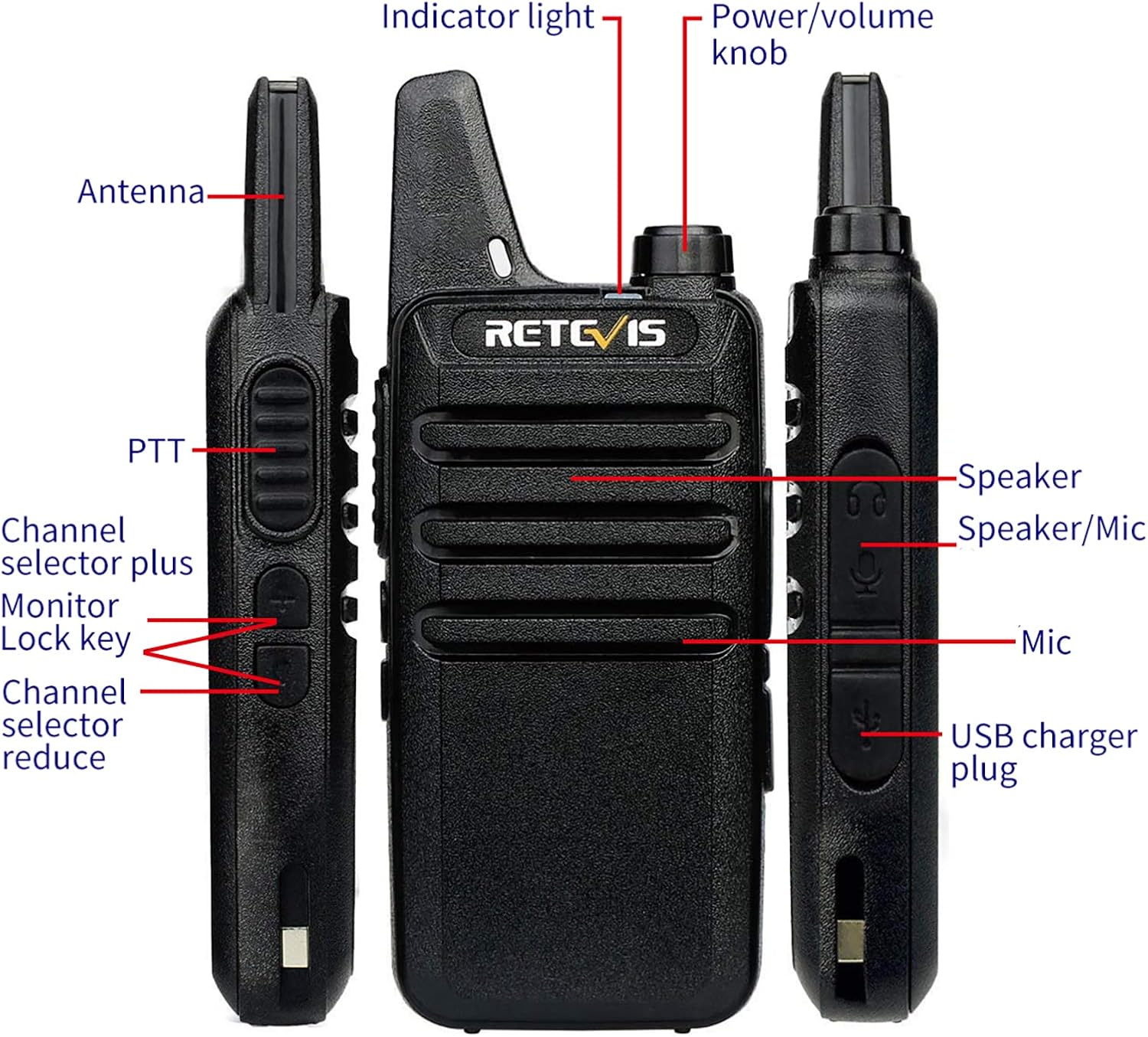 Retevis RT22 Commercial FRS Walkie Talkies Rechargeable Long Range (6 Pack) | Slim & Lightweight 2 Way Radio, For K-12 & Retail, Comfortable for All-Day Wear, Loud & Clear Audio, Charge 6 Radios At Once