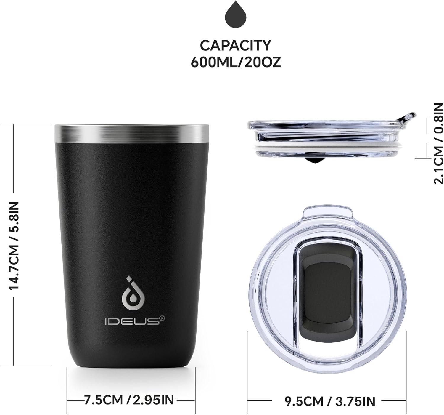 Ideus 20 oz Tumbler, Travel Coffee Mug with Splash Proof Sliding Lid, Double Wall Stainless Steel Vacuum Insulated Coffee Mug for Home and Office