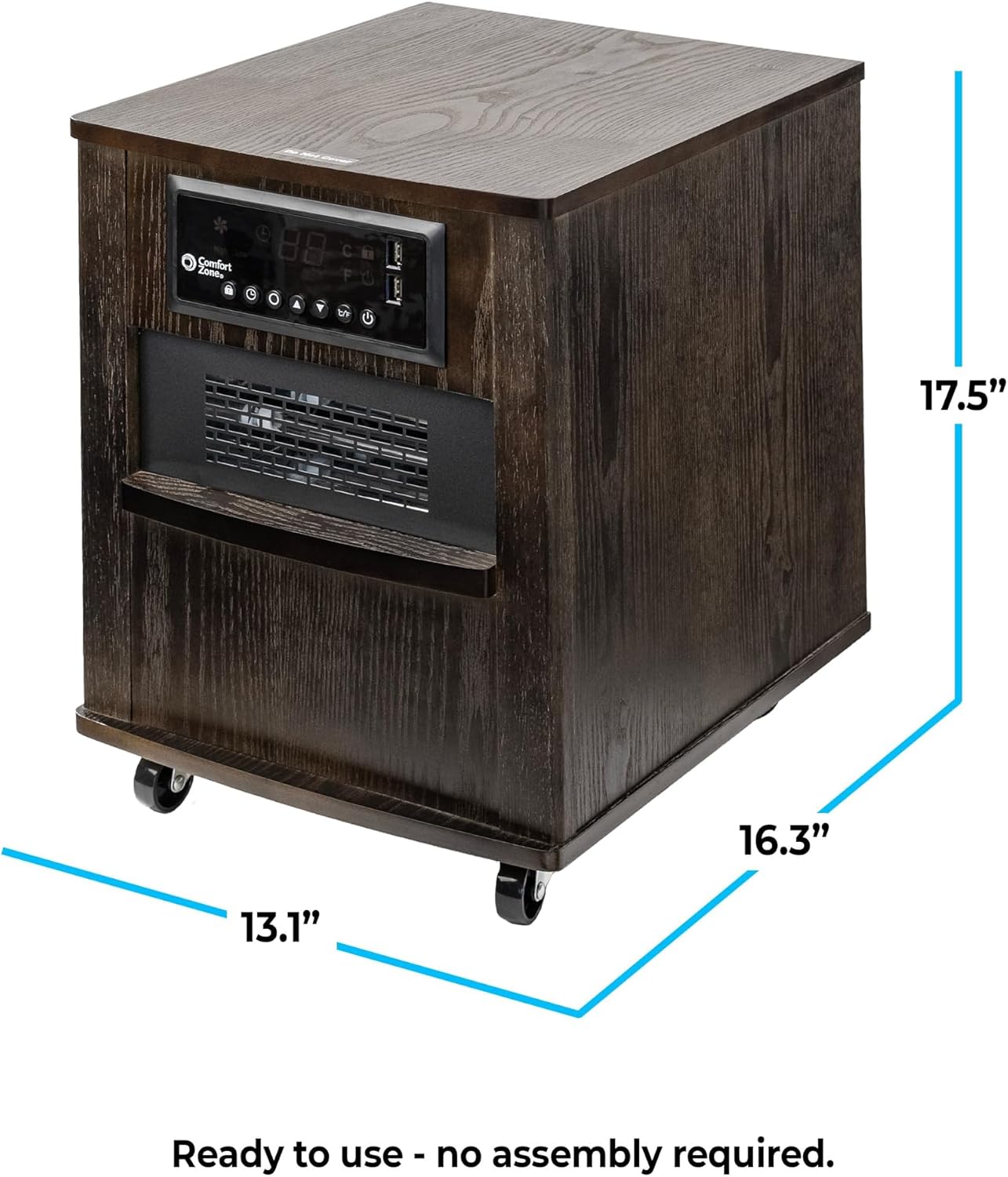 Comfort Zone Indoor Space Heater, 20 inch, 1,500 watt, Cabinet Heater with Remote, Infrared, Quartz, USB Charging Ports, Timer, Tip Over Switch & Overheat Protection, Ideal for Home & Office, CZ2062W