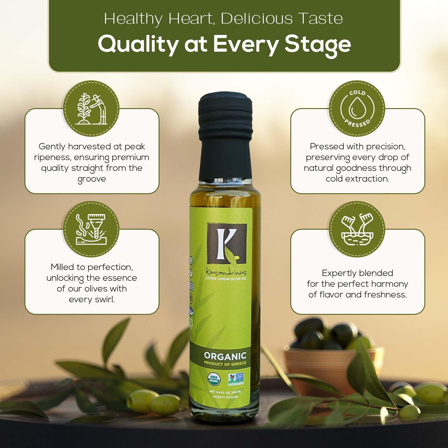 Kasandrinos Organic Olive Oil Extra Virgin, Polyphenol Rich Greek Olive Oil, 100% Organic First Cold Pressed, Mild + Delicate Flavor, Verified by Non GMO, 500 ml / 16.9 oz