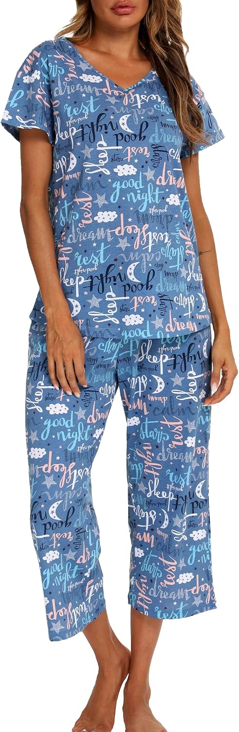ENJOYNIGHT Womens Pajama Set Cotton Summer Pj Top with Capri Pant Sleepwear