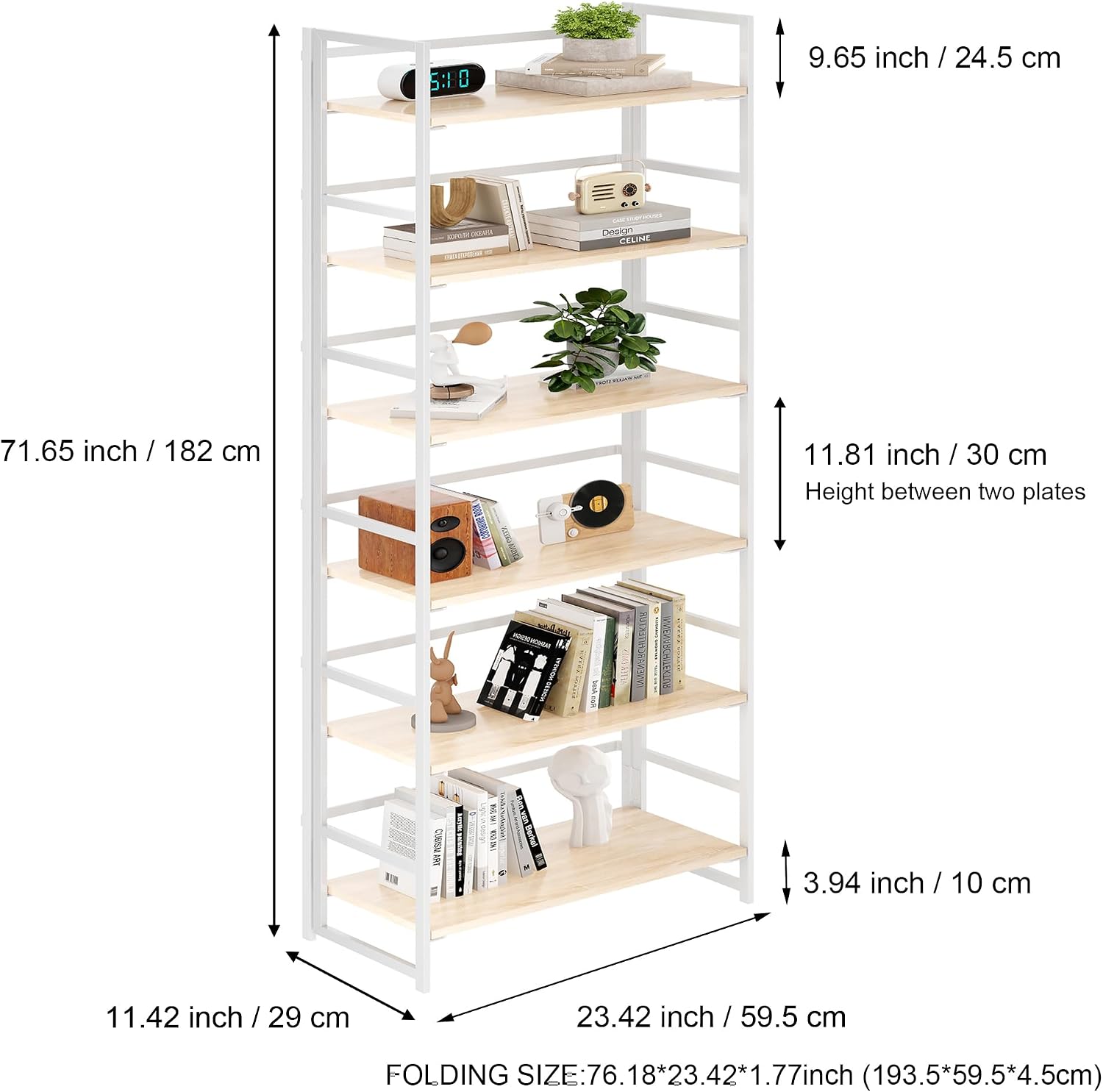 Vintage Multifunctional Folding Bookshelf, No-Assembly Plant Stand Storage Rack Shelves for Home Office (Fire, 5-Tier)