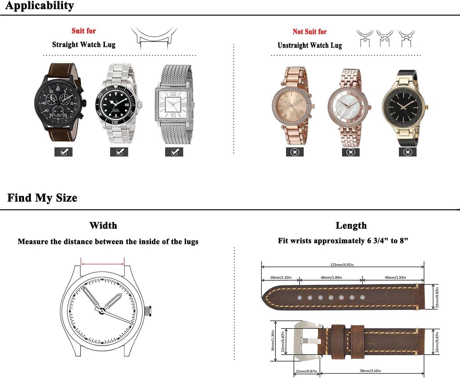 Dark Brown 22mm Genuine Leather Wristwatch Watch Band Oil Tan Vintage Strap for Men with Stainless Buckle