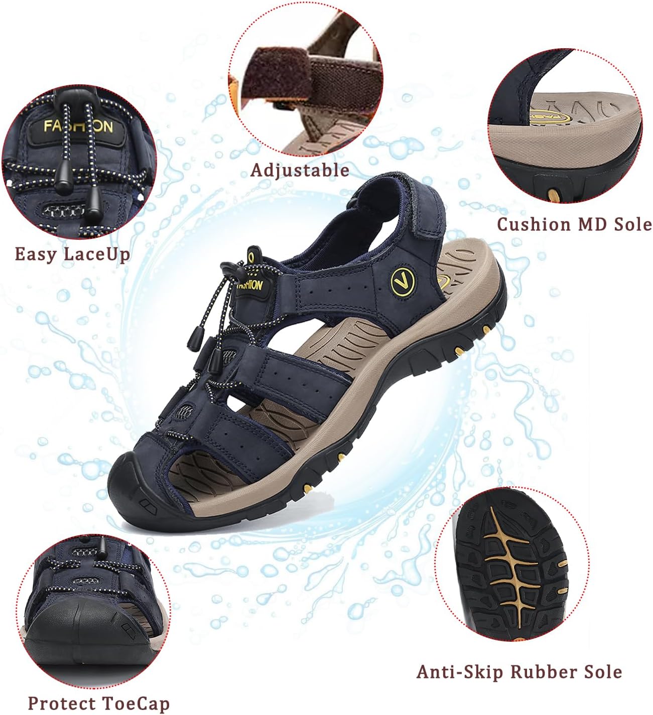 FLARUT Men's Sport Sandals Closed Toe Leather Water Hiking Shoes