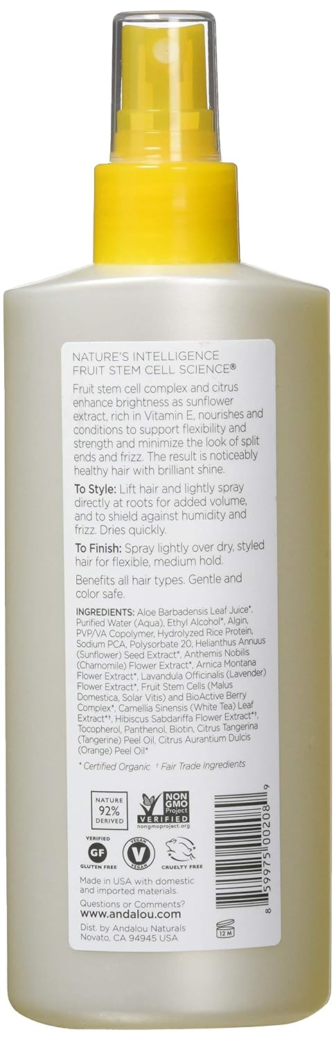 Andalou Naturals Sunflower & Citrus Brilliant Shine Hair Spray (8.2 fl oz) | Styling for Shine & Medium Hold, Aloe Vera for Frizz Control, Natural & Cruelty Free