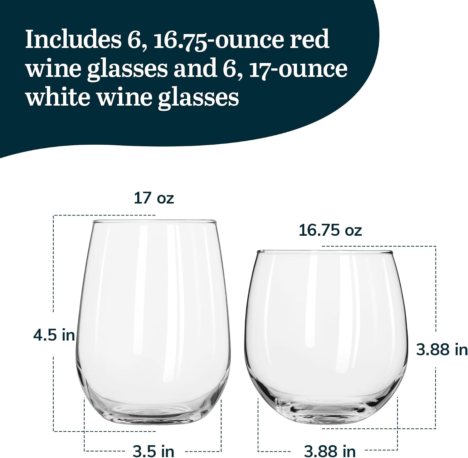 Libbey Classic Blue All-Purpose Stemless Wine Glasses Set 6, Timeless Wine Cups Set of 6, 15.25 Oz, Wine Glass Set for Dinners, Weeknights