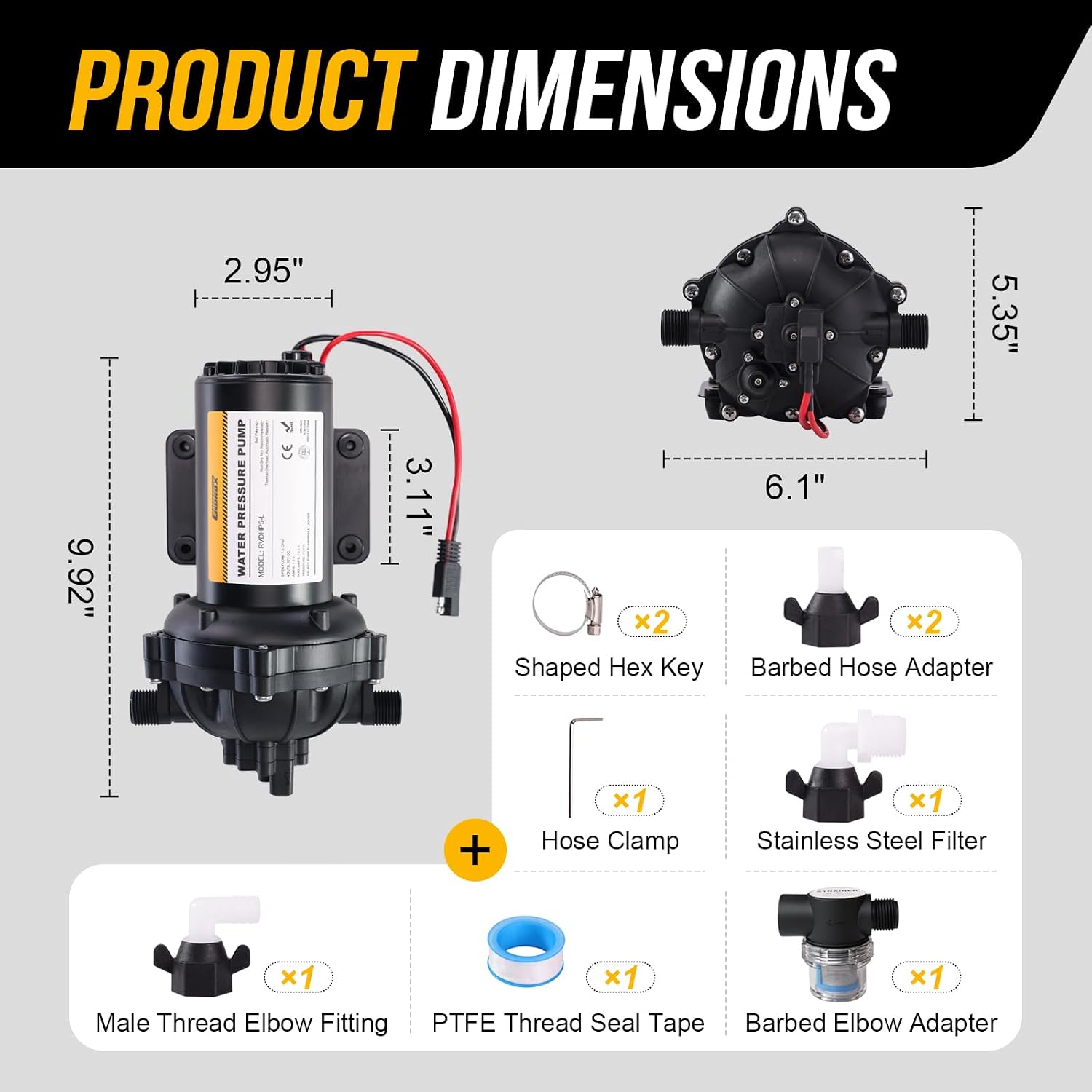 12V RV Water Pump, 5.0 GPM 55 PSI Diaphragm Pump, 20Volt Quiet Fresh Water Pump with Pressure Switch, Self Priming Pressure Pumps for RV Camper Boat Marine Food Truck, Dark Grey