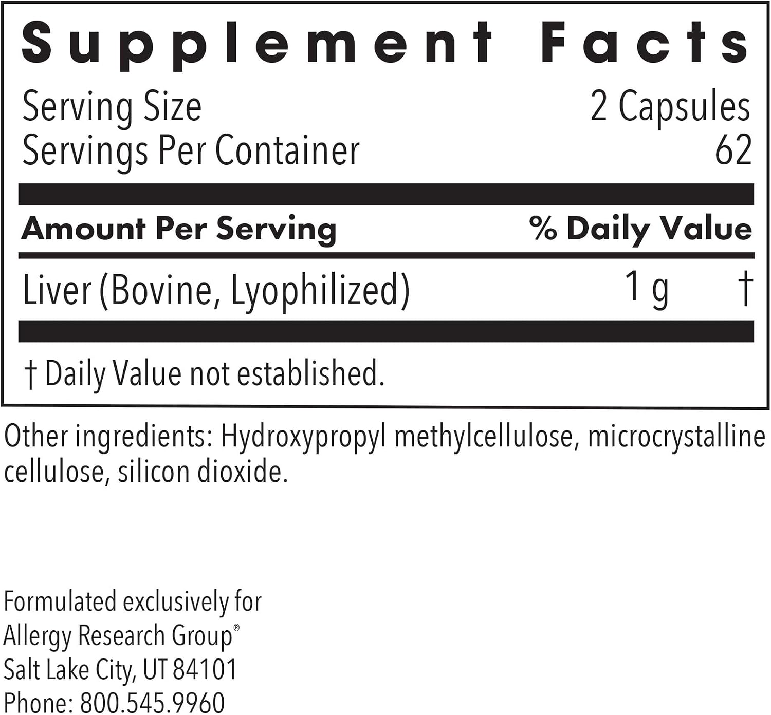 Allergy Research Group ARG Liver Beef Natural Glandular - 1000 mg Bovine Liver - Supports Liver Function - Hypoallergenic Formula - 62 Servings
