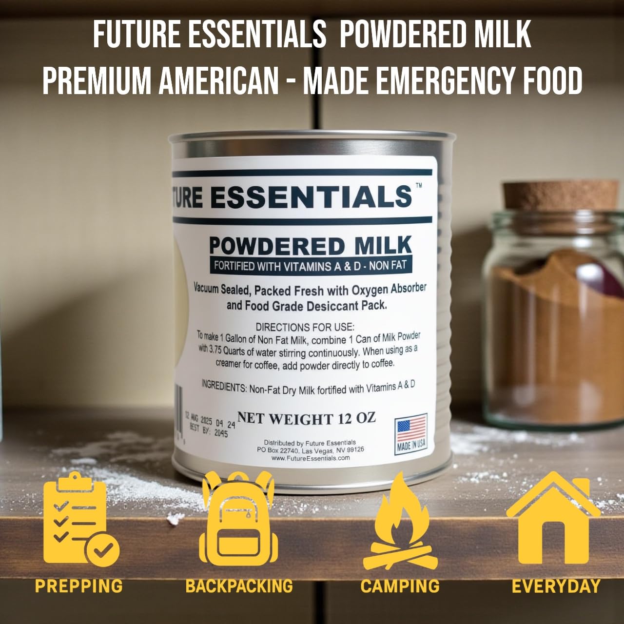 Future Essentials Canned Instant Nonfat Dry Milk Powder – 20-Year Shelf Life Non Fat Dry Powdered Milk with Vitamins A & D – Ideal for Emergency