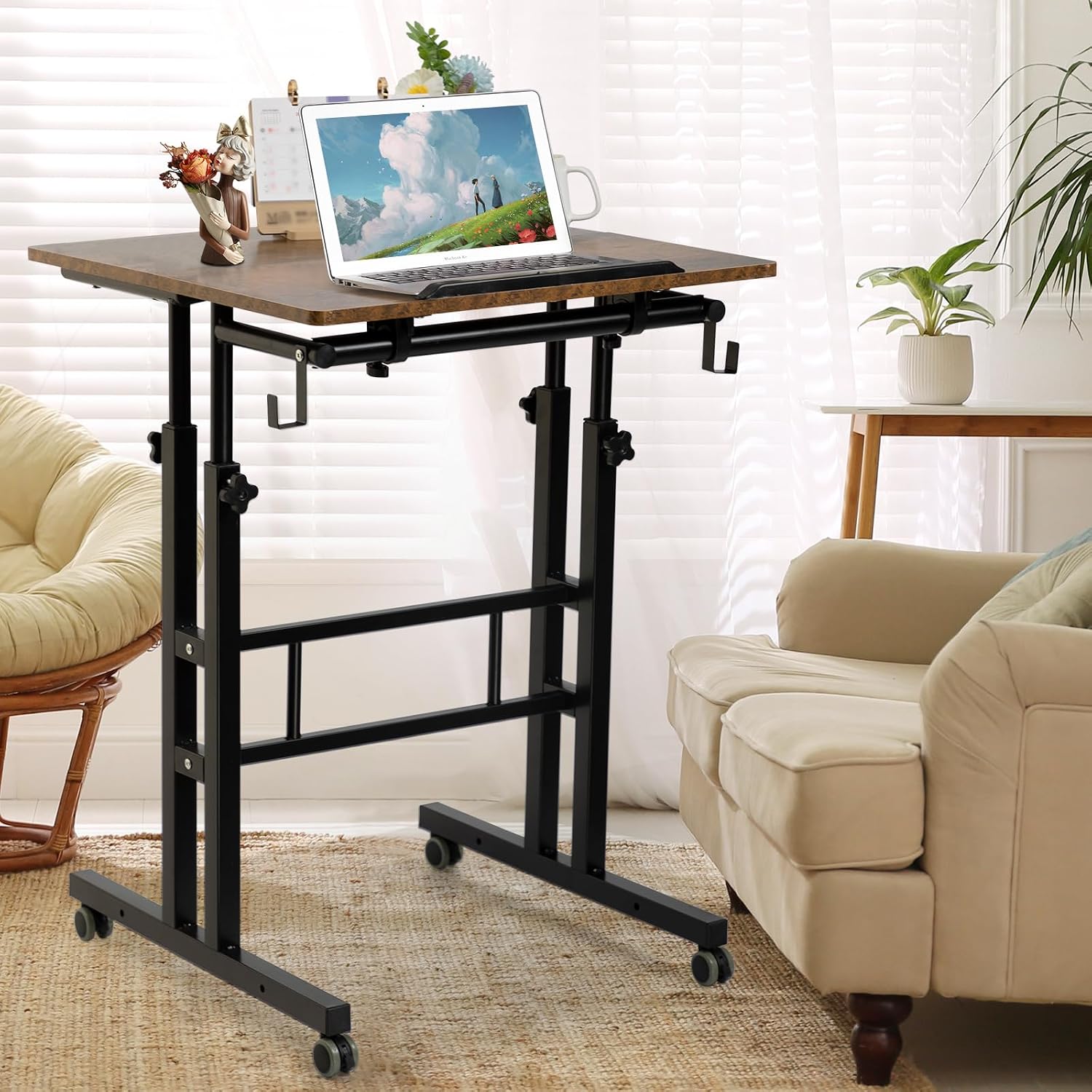 SIDUCAL Mobile Standing Desk, Portable Stand Up, Small Adjustable Converter with Wheels Home Office Workstation, Rolling Desk Laptop Cart for Standing or Sitting, Black