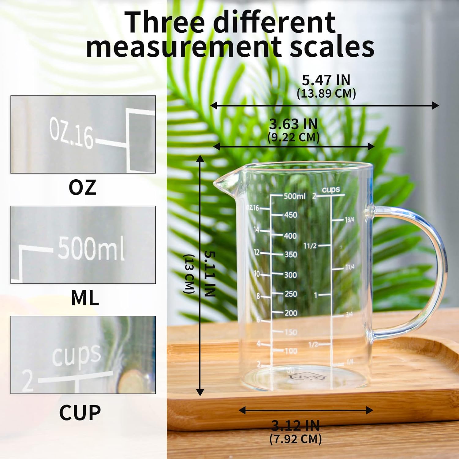 2 Cup Glass Measuring Cup, [Insulated handle, V-Shaped Spout], High Borosilicate Glass Measuring Cup for Kitchen or Restaurant, Easy To Read, 500 ML (0.5 Liter, 2 Cup)