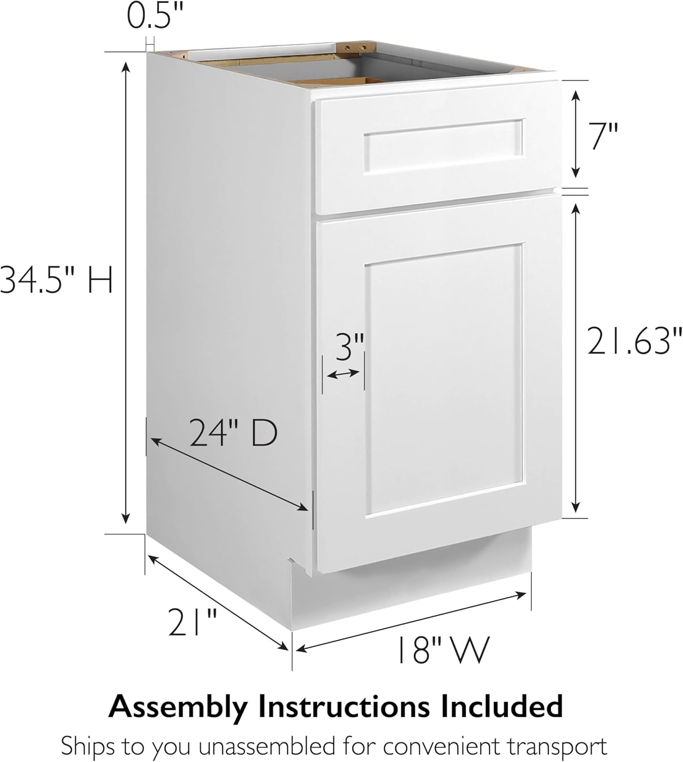 Brookings Shaker Unassembled Base Kitchen Cabinet B18, 18 W x 24 D x 34.5 H, Painted White with Sherwin Williams®, Solid Wood – Design House, 561340 | Adjustable Shelves, Adjustable Hinges, Floor Mount, Contemporary/Modern, Wood, Kitchen, 561340