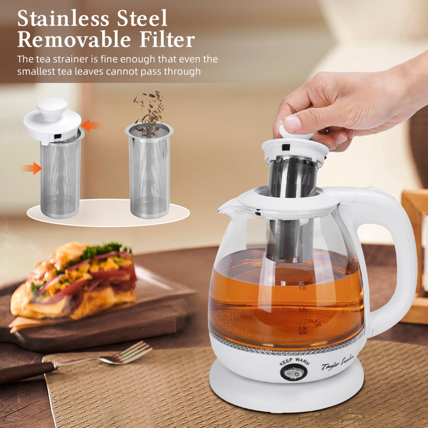 Taylor Swoden Electric Kettle with Tea Infuser, 1L Small Electric Tea Kettle with Keep Warm, LED Light Hot Water Boiler & Heater for Coffee & Teas