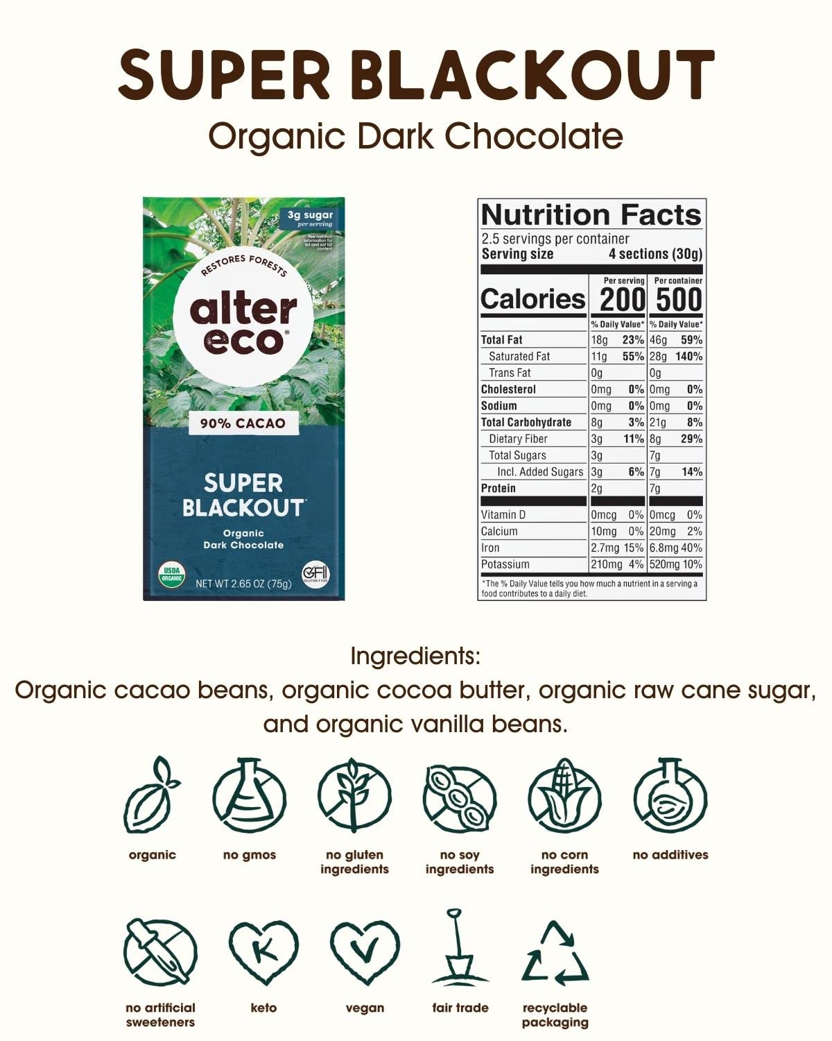 Alter Eco, Bar Chocolate Dark Super Blackout Organic, 2.65 Ounce