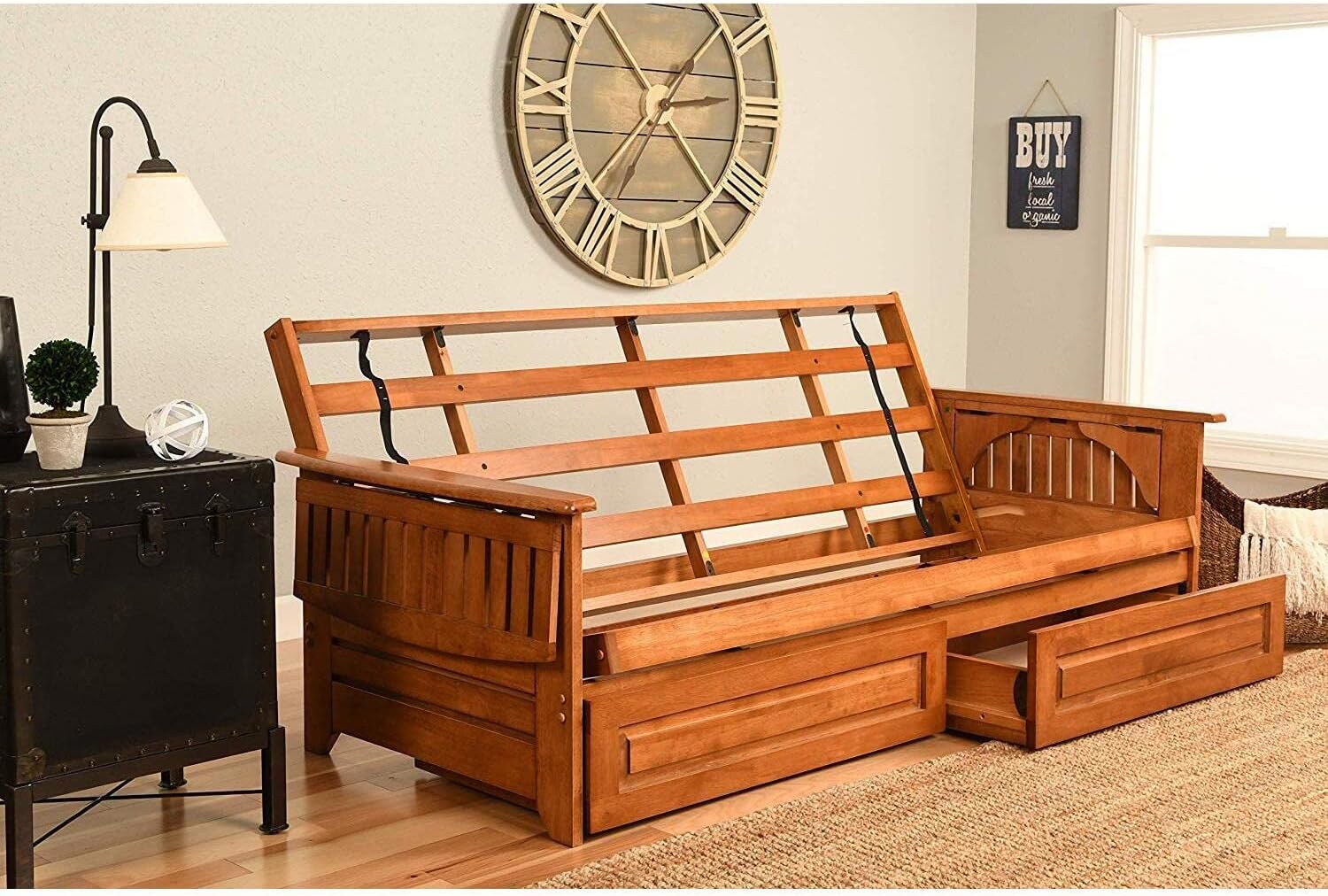 Kodiak Furniture Phoenix Futon Set with Linen Stone Mattress and Storage Drawers, Full, Barbados