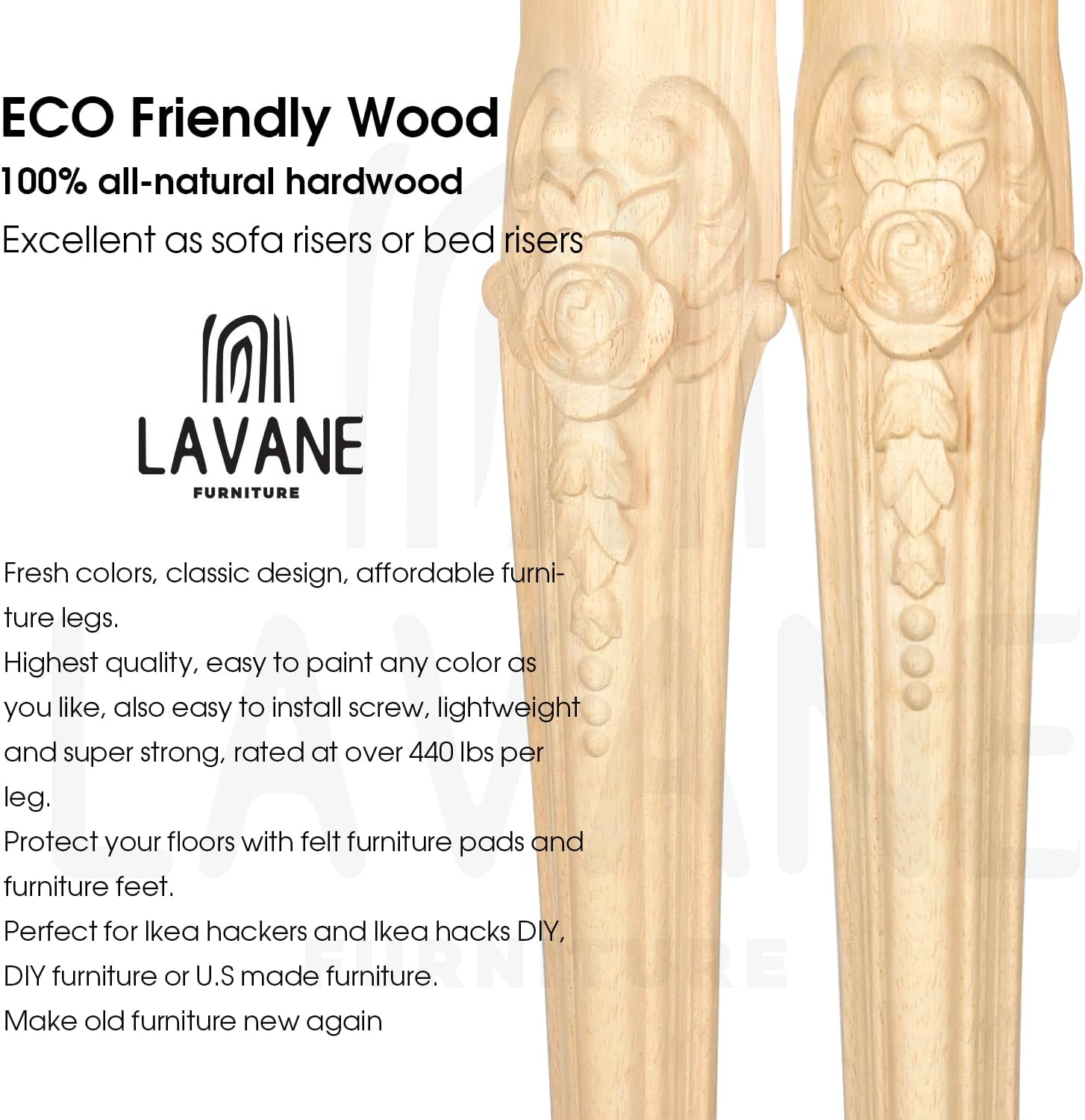 La Vane 6 inch / 15cm Wooden Furniture Legs, Set of 4 European Style Solid Wood Carving Furniture Replacement Feet Decoration for Sofa Cabinet Wardrobe Table Loveseat