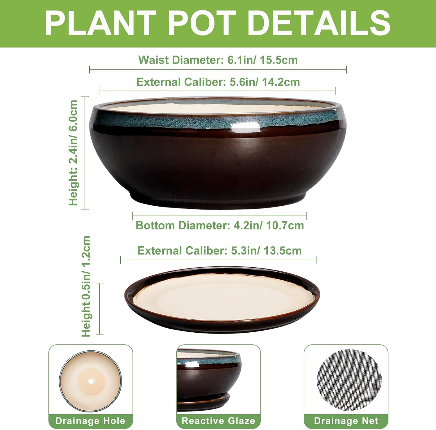 SQOWL 7 Inch Round Ceramic Succulent Planter Pot Drip Glazed Shallow Planter with Drainage Bamboo Tray for Indoor Plants